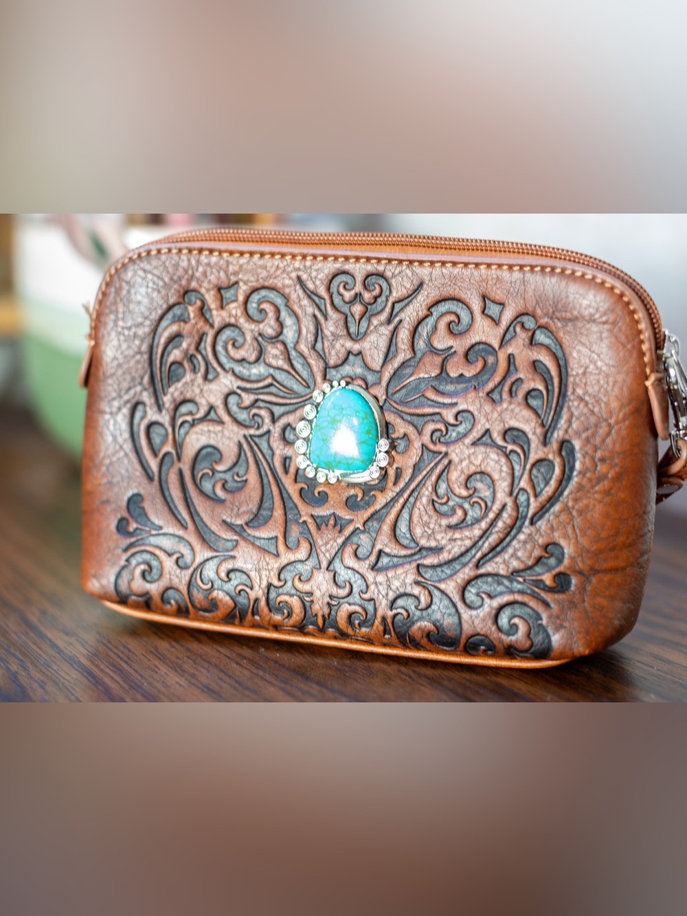 Catchfly studios wristlet / clutch with turquoise accent embossed western